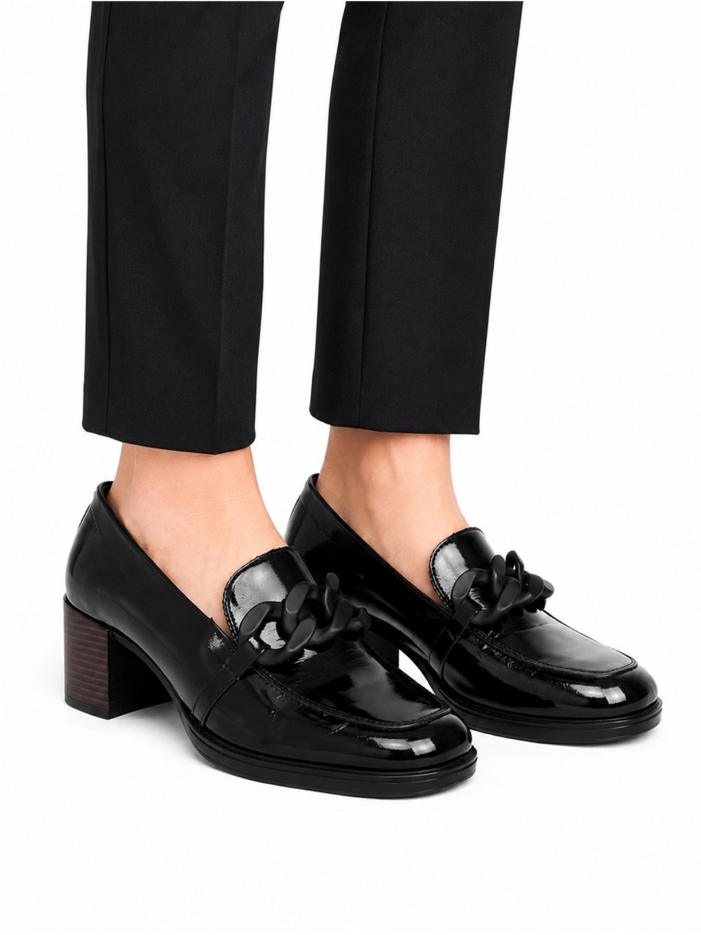 Size 7 (EU 38) Remonte Women’s Black Patent Leather Chain Block Heel Loafers
